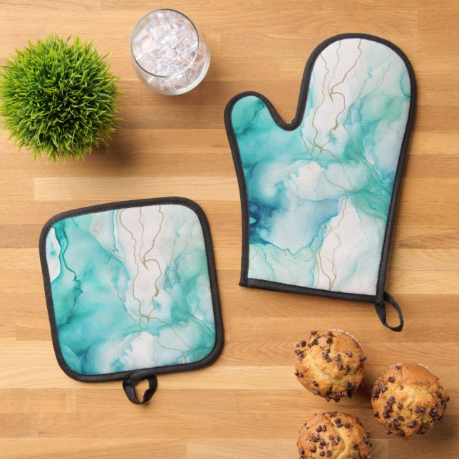 Mint Aqua Tinte Marmor Ofenhandschuh & Topflappen-Set (Oben Unten)