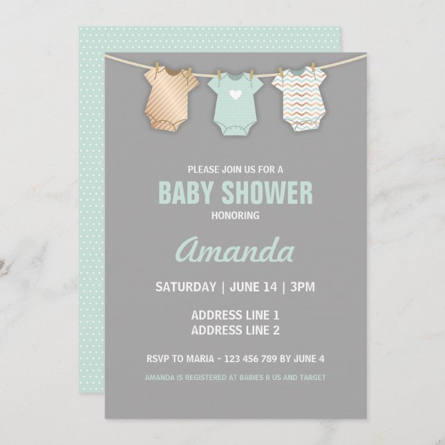 Mint Baby Shower Einladung, Thema Clothesline Einladung (Vorne/Hinten)