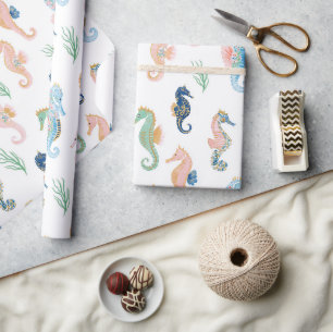 Mint Blau Grün Rosa Seepferdchen Geburtstag   Geschenkpapier