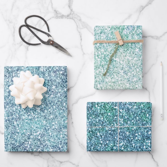 Mint Blue Aquamarin Ombre Sparkle Glitzer Geschenkpapier Set (Vorderseite)