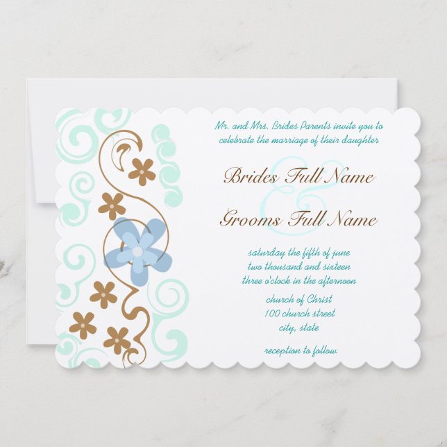 Mint Blue & Brown Swirl Blume Hochzeit Einladung (Vorderseite)