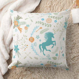 Mint Blue Coral Trendy Unicorn & Blumenmuster Kissen
