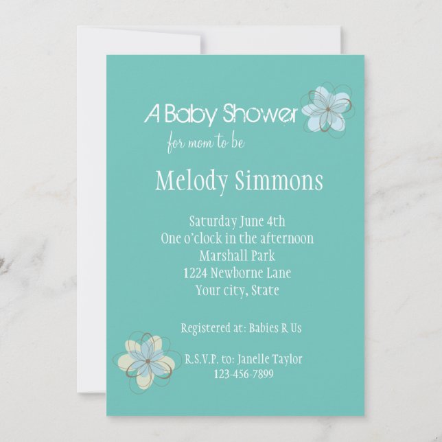 Mint Blue Flowers Babydusche Einladung (Rückseite)