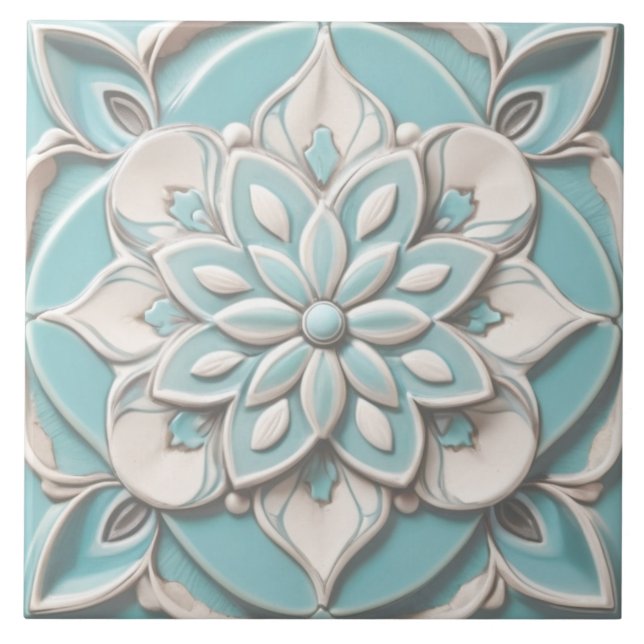 Mint Blue Imitats Relief Elegante Blume Fliese (Vorderseite)