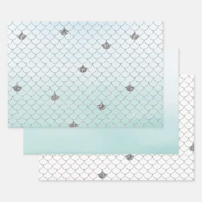 Mint Blue Ombre Silver Glitzer Mermaid Geschenkpapier Set (Set)