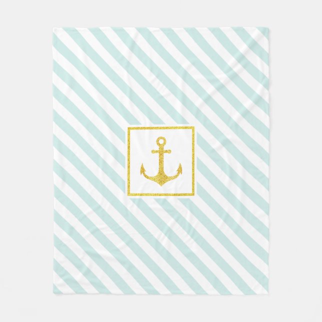 Mint Blue Stripes Imitate Glittery Golden Anchor Fleecedecke (Vorderseite)