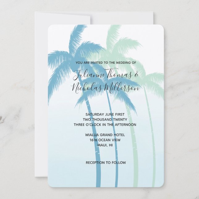 Mint Blue Tropical Palm Trees Ombre Wedding Einladung (Vorderseite)
