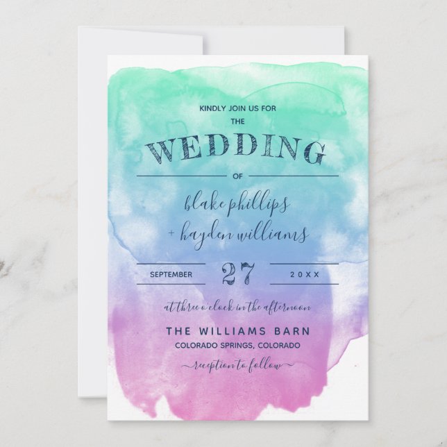 Mint Blue Violet Watercolor Wash Wedding Einladung (Vorderseite)