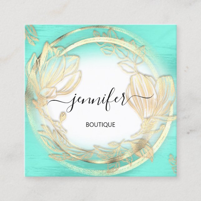 Mint Blue White Gold Floral QRCode Logo Square Quadratische Visitenkarte (Vorderseite)