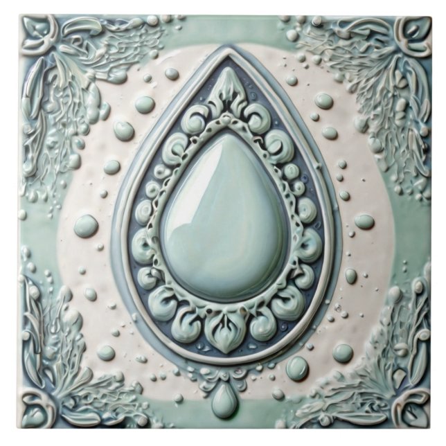 Mint Blue & White Water Drop Teardrop Badezimmer Fliese (Vorderseite)