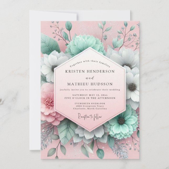 Mint Blush Painterly Flora Wedding Einladung (Vorderseite)