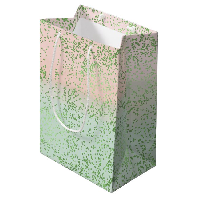 Mint Blush Pink Aquarell Confetti Punkte Mittlere Geschenktüte (Vorderseite Schrägansicht)