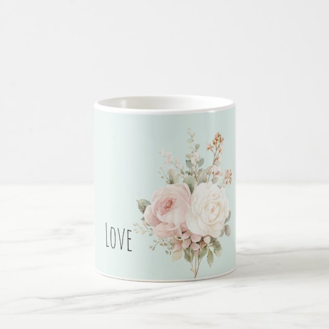 Mint Blush Pink White Roses Floral Kaffeetasse (Mittel)