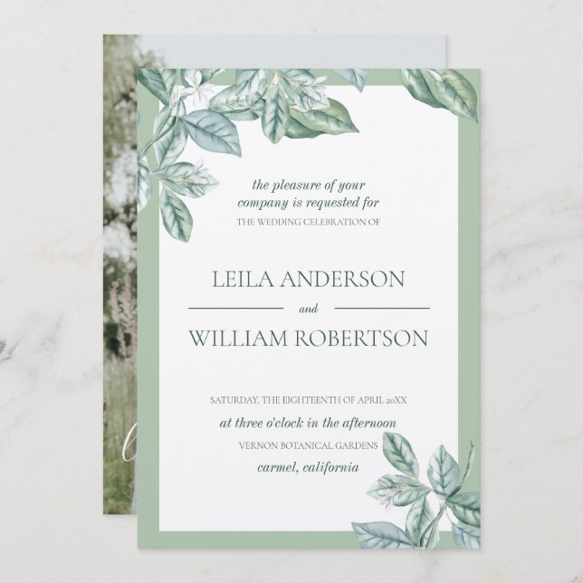 Mint Botanical Elegant Wedding Foto Einladung (Vorne/Hinten)