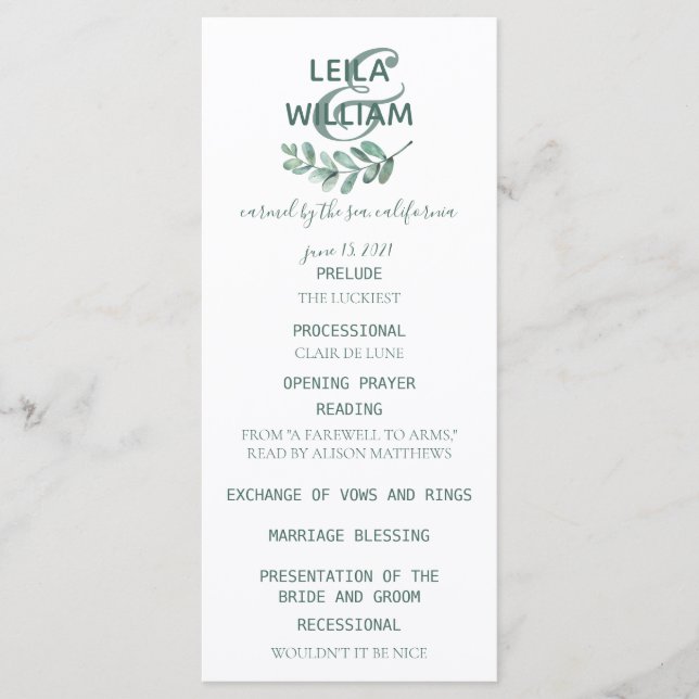 Mint Botanical Elegant Wedding Programm (Vorderseite)