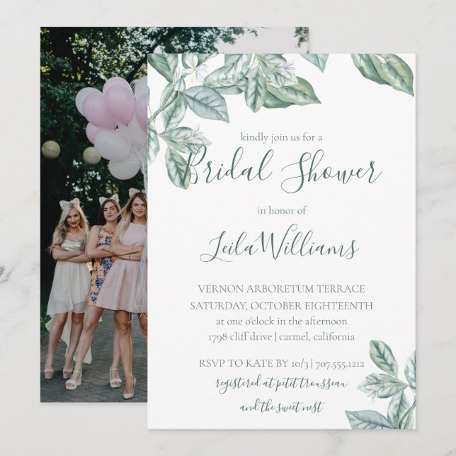 Mint Botanisches Foto Hochzeit Brautparty Einladung (Vorne/Hinten)