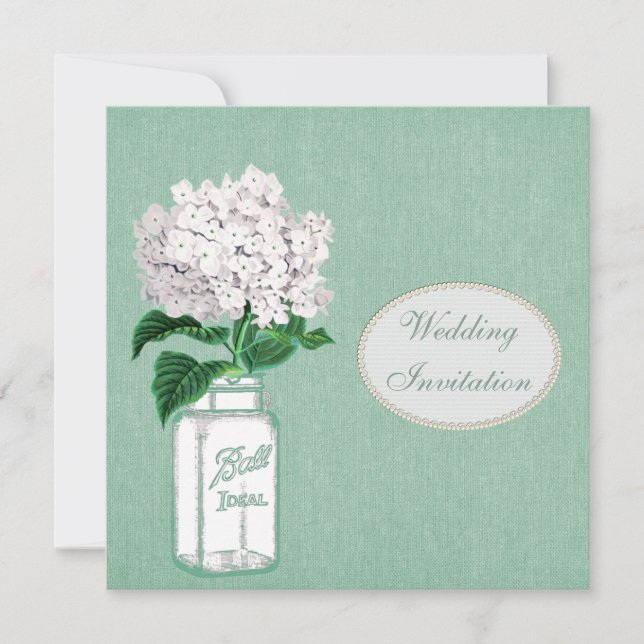 Mint Burlap, Mason Jar und Hydrangea Hochzeit Einladung (Vorderseite)