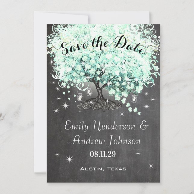 Mint Chalkboard Herz Leaf Tree Save the Date Einladung (Vorderseite)