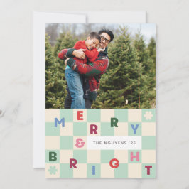 Mint Checkerboard Merry & Bright Christmas Card Einladung