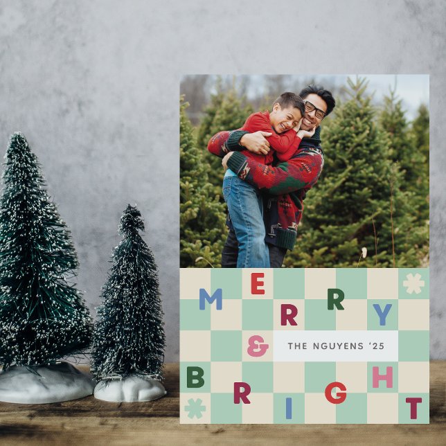 Mint Checkerboard Merry & Bright Christmas Card Einladung (Von Creator hochgeladen)