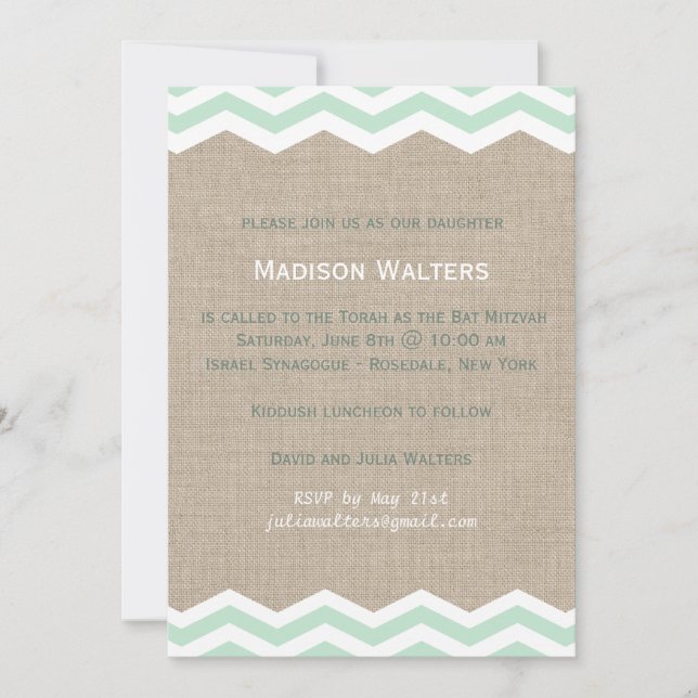 Mint Chevrons auf Burlap Bat Mitzvah Einladung (Vorderseite)