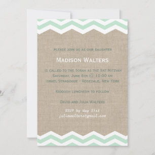 Mint Chevrons auf Burlap Bat Mitzvah Einladung