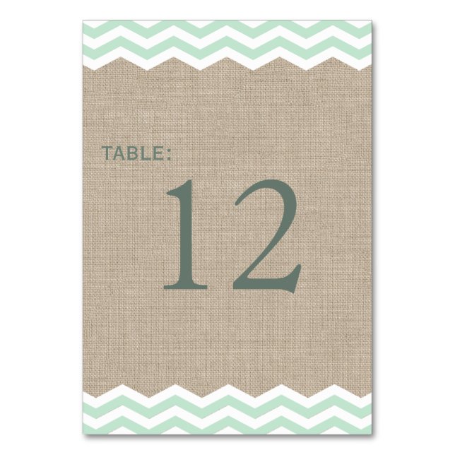 Mint Chevrons auf Burlap-Tischnummer Tischnummer (Vorderseite)