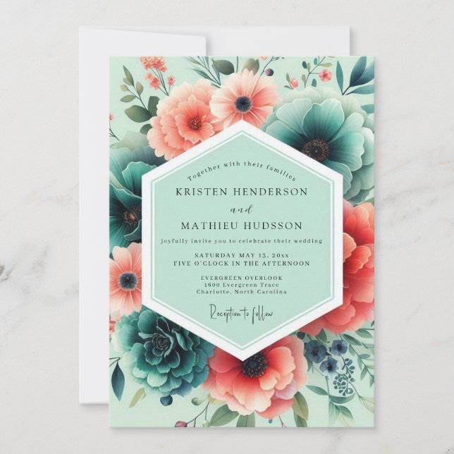 Mint Coral Lush Floral Wedding Einladung (Vorderseite)