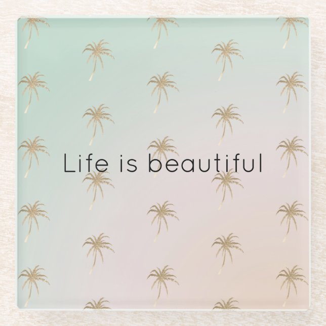 Mint Cream Ombre Tropical Gold Palm Treppen Glasuntersetzer (Vorderseite)