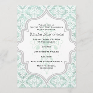 Mint Cross White Damask Burlap Erste Kommune Einladung