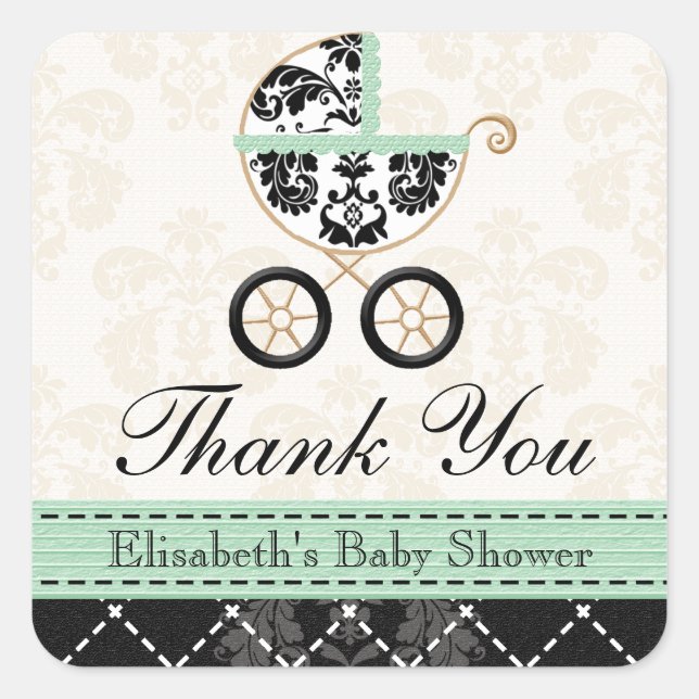 MINT DAMASK BABY CARRIAGE DANKE QUADRATISCHER AUFKLEBER (Vorderseite)
