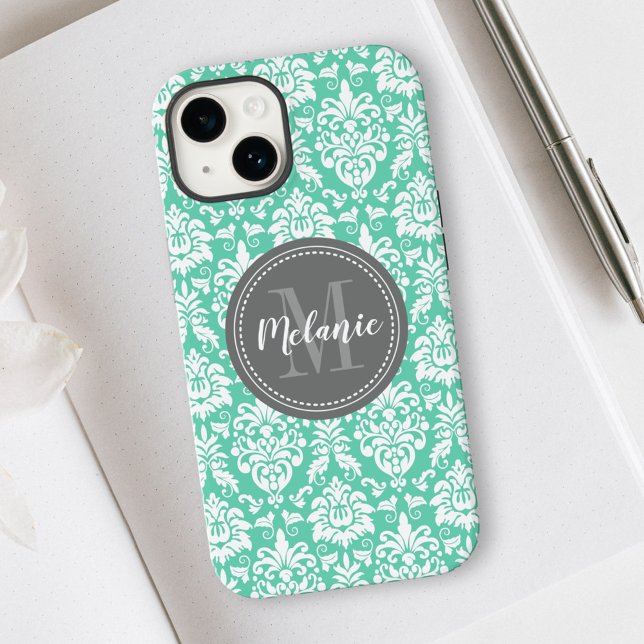 Mint Damask Gray Monogram Name Case-Mate iPhone Hülle (Von Creator hochgeladen)