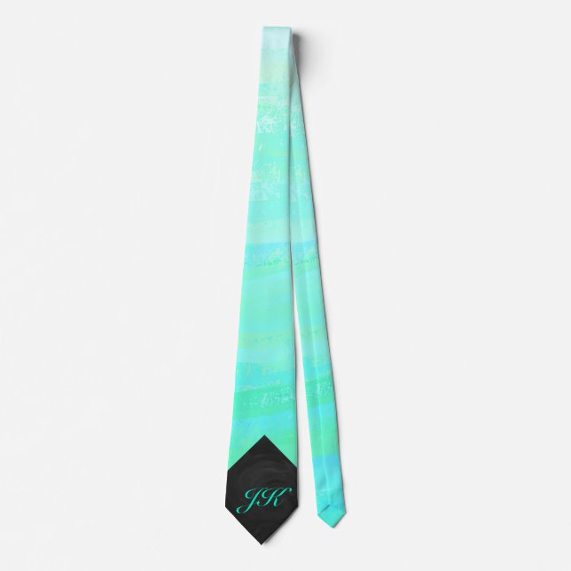 Mint Eis Blau und schwarzes Monogramm Krawatte (Vorderseite)