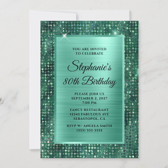 Mint Emerald Diamond Studded Foil 80. Geburtstag Einladung (Vorderseite)