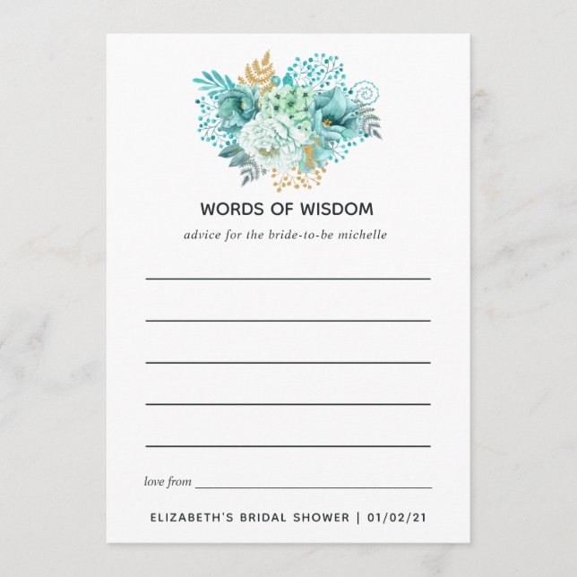 Mint Floral Brautparty Tee Party Hinweiskarte (Vorderseite)
