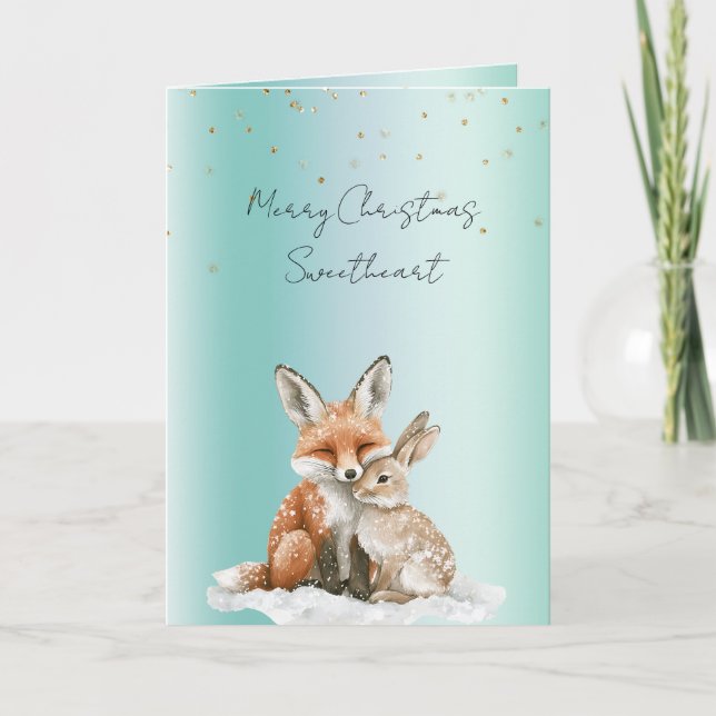Mint Fox Bunny Love Glitter Sweetheart Christmas Karte (Vorderseite)