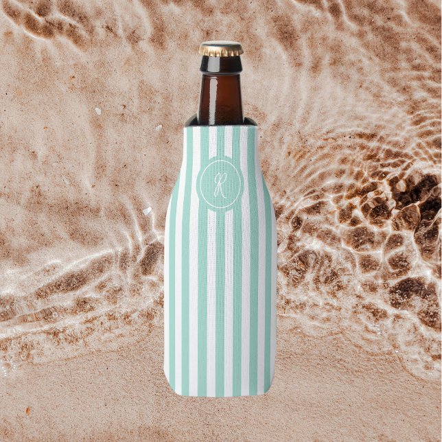 Mint French Beach Stripe Personalisiert Monogram Flaschenkühler (Von Creator hochgeladen)