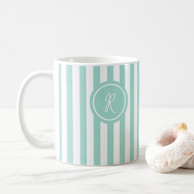 Mint French Beach Stripe Personalisiert Monogram Kaffeetasse (Mit Donut)