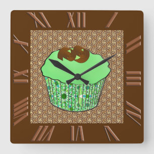 Mint Frosted Chocolate Cupcake, Fractal Background Quadratische Wanduhr