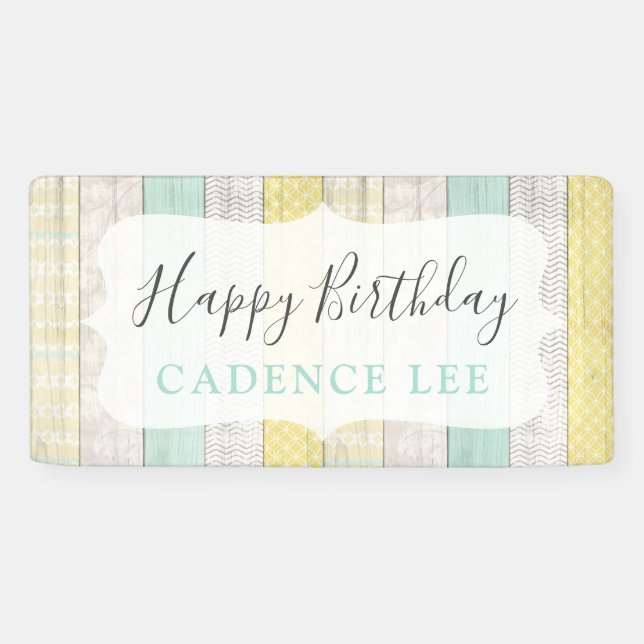 Mint & Gelb Rustikale Hütte Wood Happy Geburtstag Banner (Horizontal)