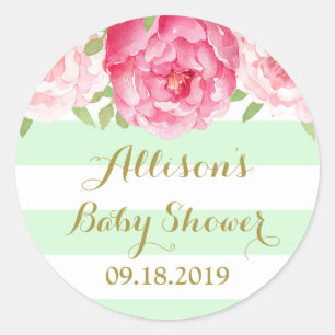 Mint gestreifte rosa florale Babyparty-Geschenkanh Runder Aufkleber