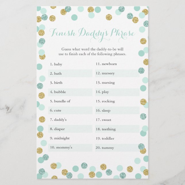 Mint & Gold Baby Dusche beenden Daddy's Phrase Gam (Vorderseite)