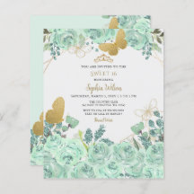 Mint Gold Floral Butterfly Sweet 16 Einladung