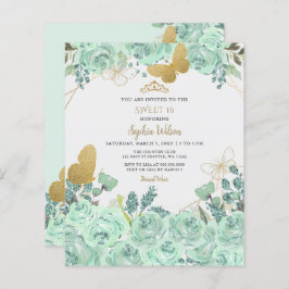 Mint Gold Floral Butterfly Sweet 16 Einladung