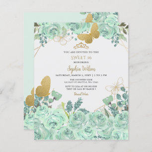 Mint Gold Floral Butterfly Sweet 16 Einladung