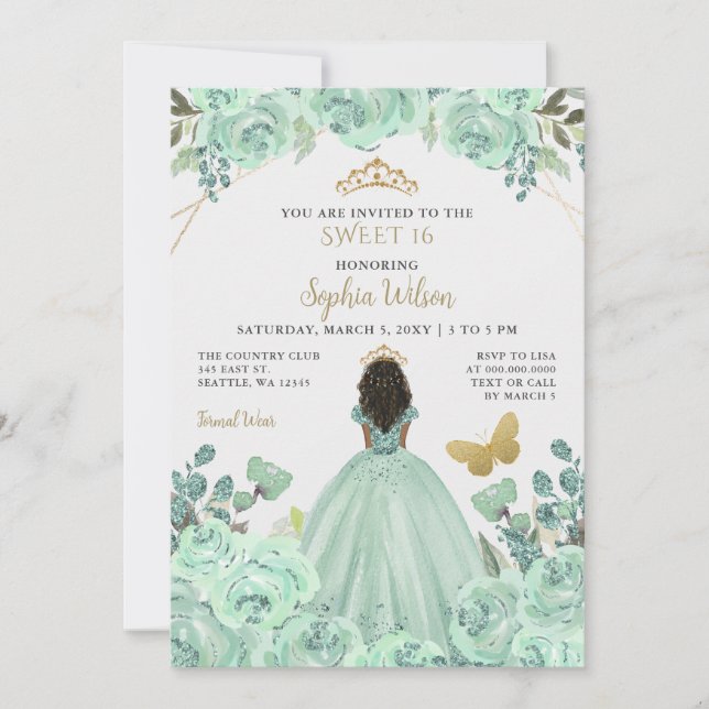 Mint Gold Floral Princess Butterfly Sweet 16 Einladung (Vorderseite)