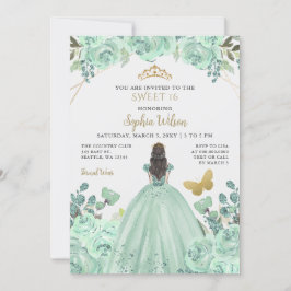 Mint Gold Floral Princess Butterfly Sweet 16 Einladung