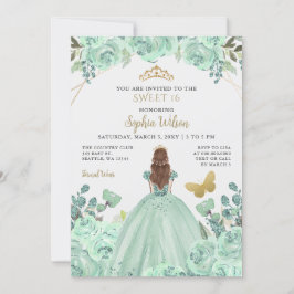 Mint Gold Floral Princess Butterfly Sweet 16 Einladung