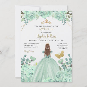 Mint Gold Floral Princess Butterfly Sweet 16 Einladung