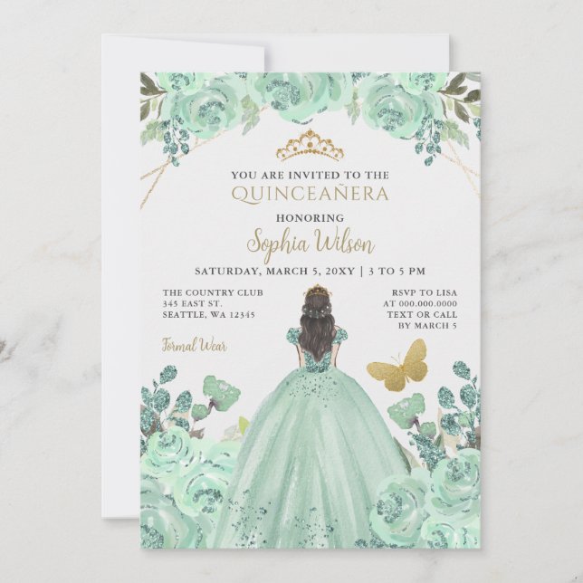 Mint Gold Floral Prinzessin Quinceañera Quince Einladung (Vorderseite)